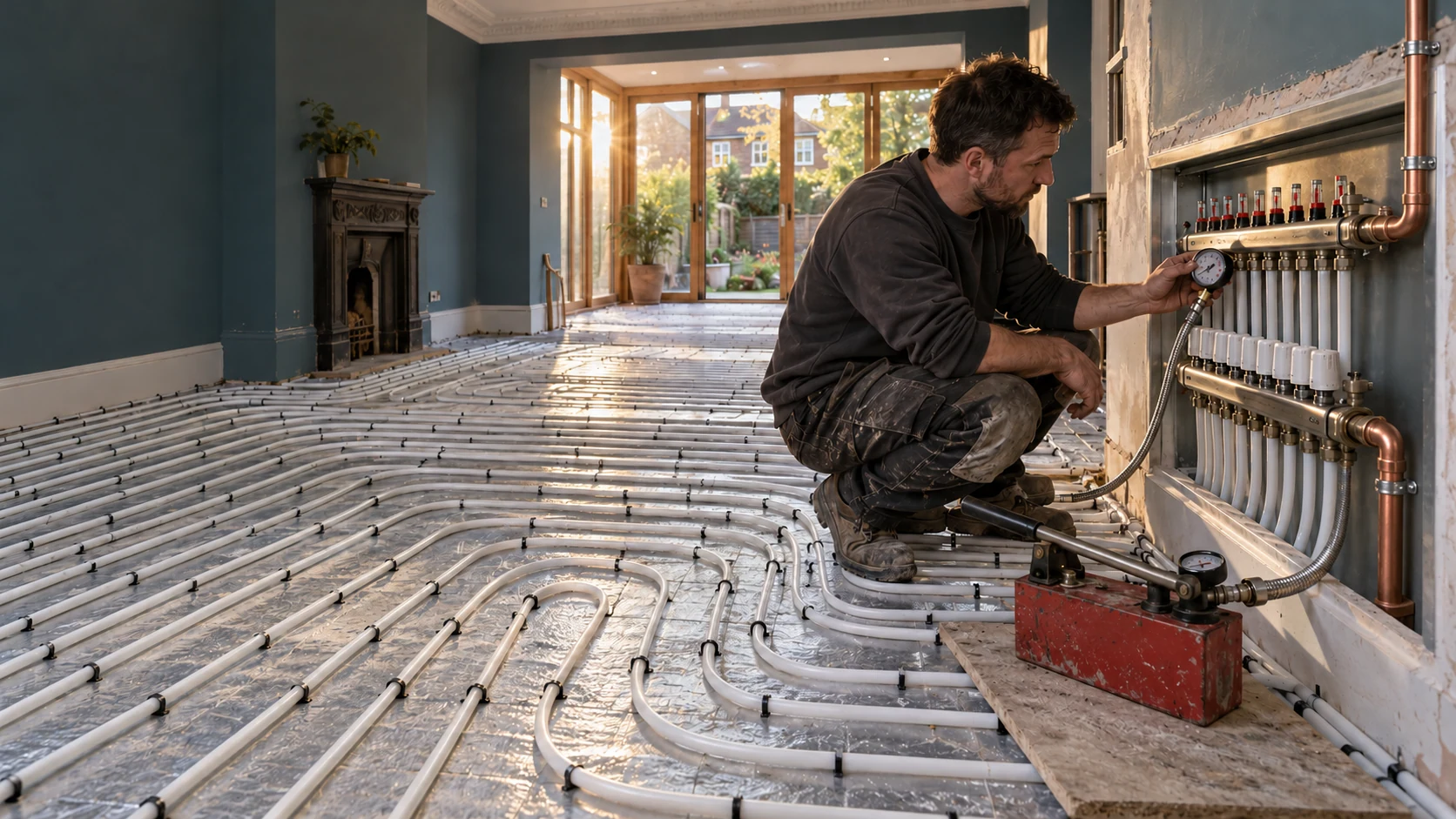 Heating installer checking an underfloor heating manifold beside white heating pipes in a period-home renovation