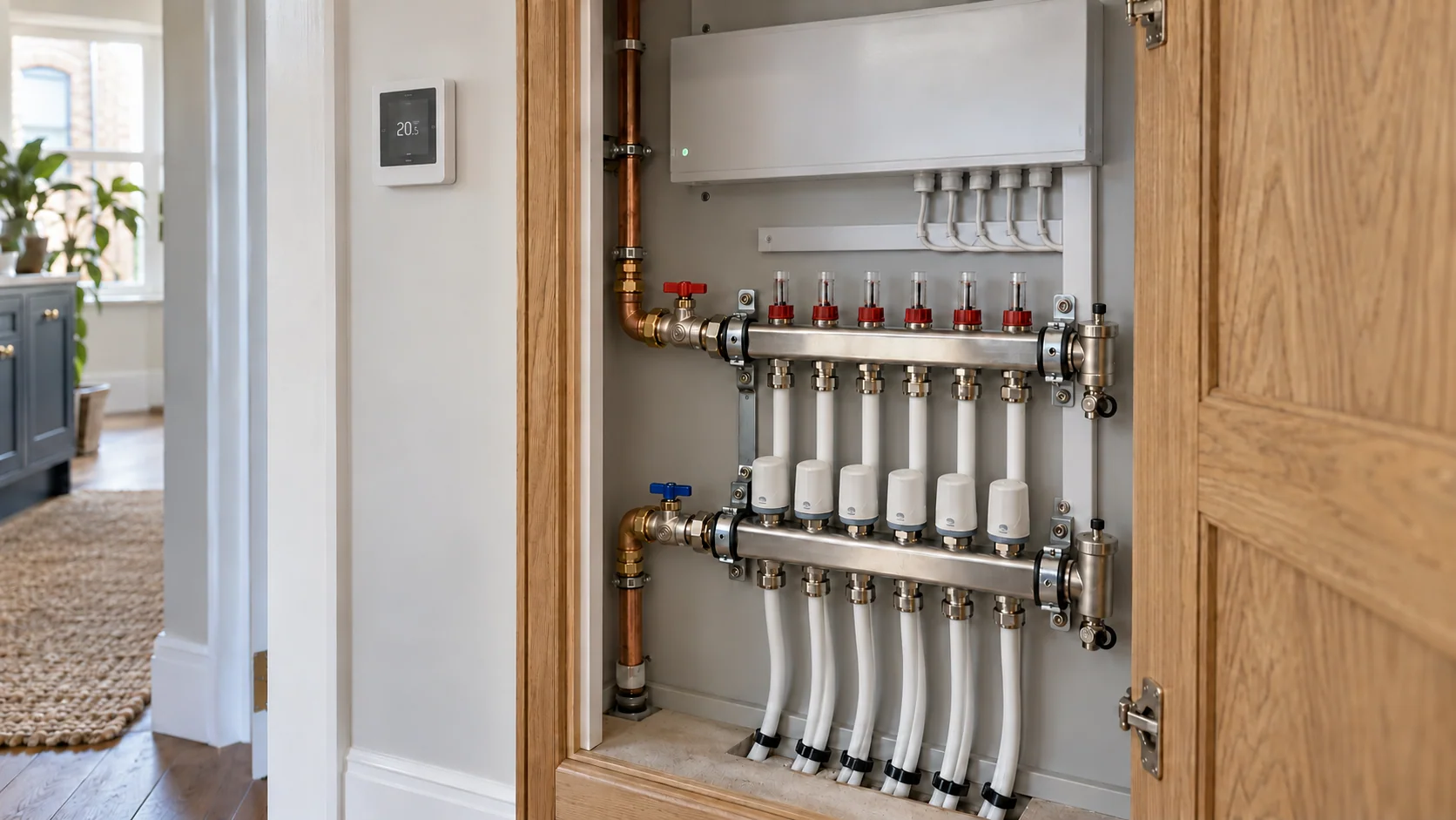 Accessible underfloor heating manifold with actuator wiring and a closed wiring centre inside a utility cupboard.