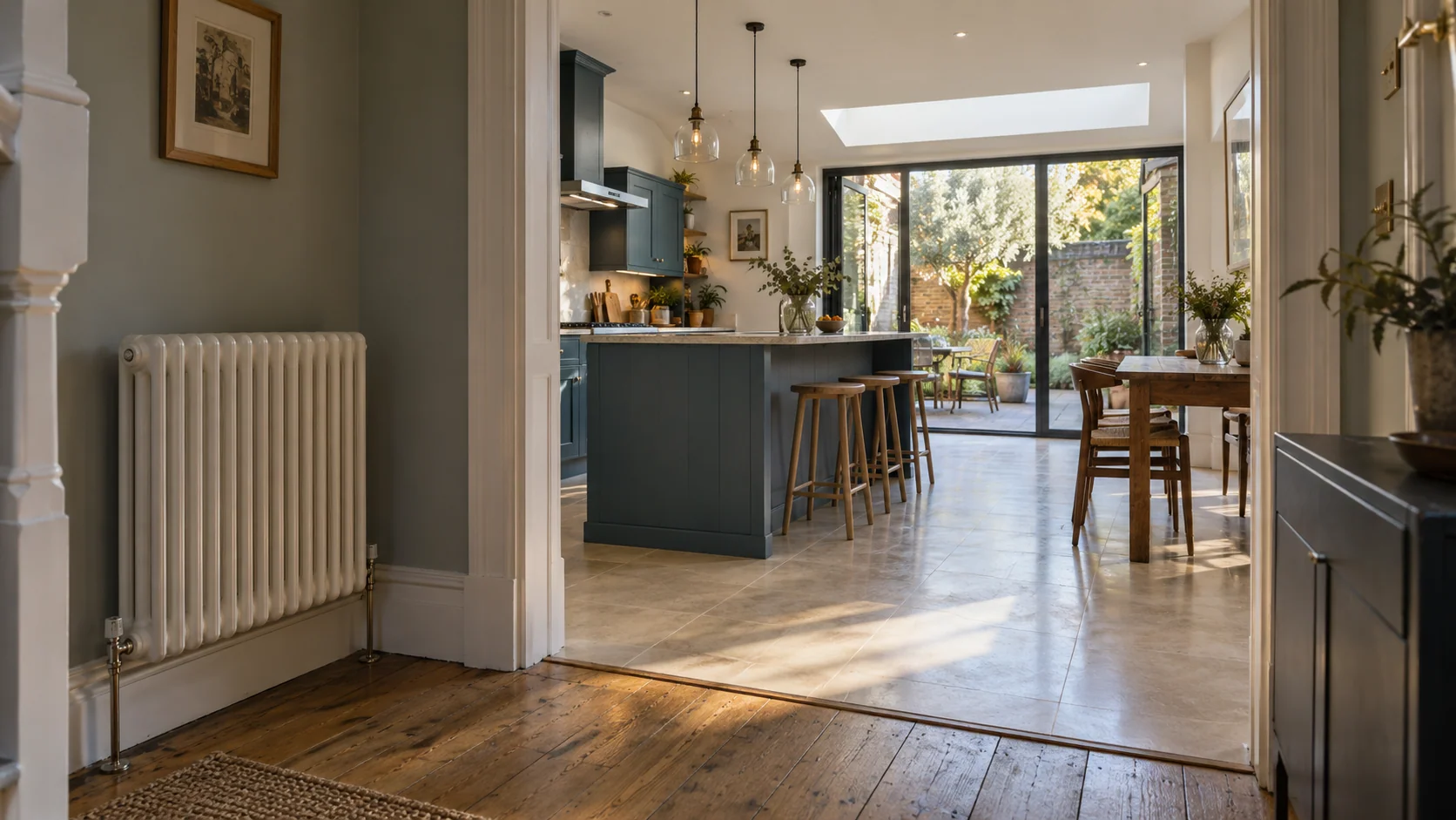 Renovated kitchen extension with a tiled floor beside a retained period hallway and radiator.
