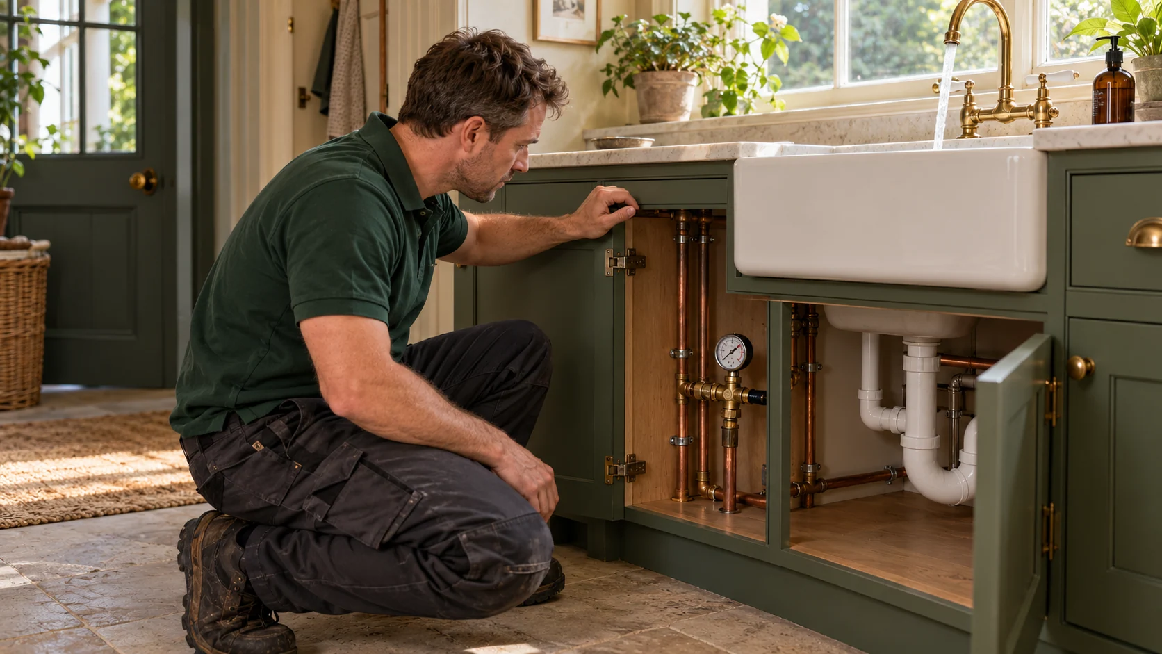 Engineer checking a connected water-pressure gauge while a kitchen tap is running.