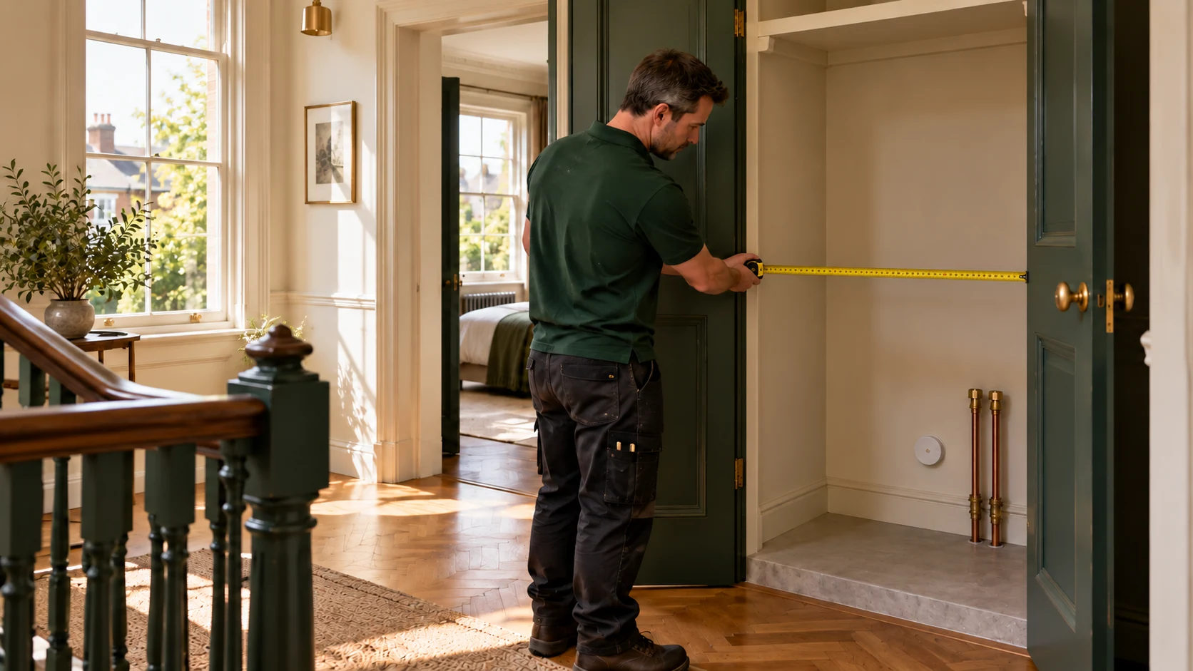 Engineer measuring the width of an empty airing cupboard in a period London home.