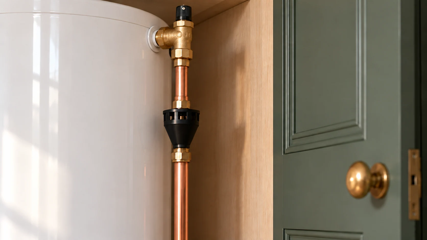 Close-up of a cylinder safety valve, copper discharge pipe and visible black tundish.