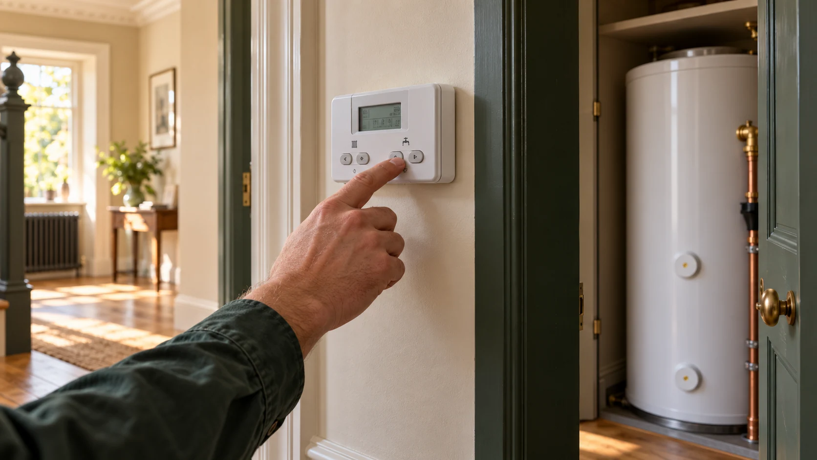Engineer adjusting a hot-water programmer beside a cylinder cupboard in a bright London hallway.
