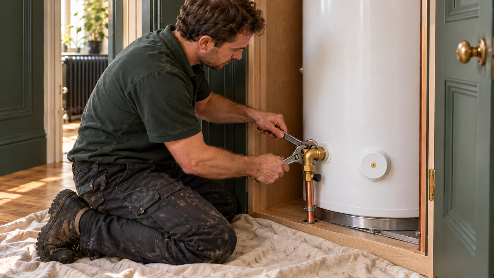 Engineer using two spanners on a brass connection at the base of a new white hot-water cylinder.
