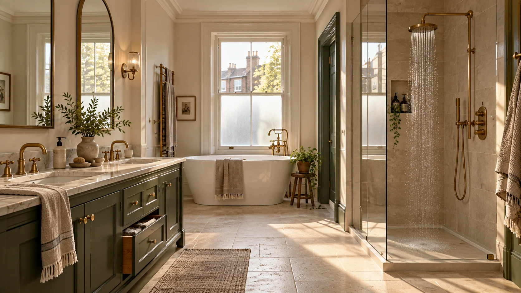 Green double vanity, brass fittings, bath and walk-in shower in a warm, light-filled London bathroom.
