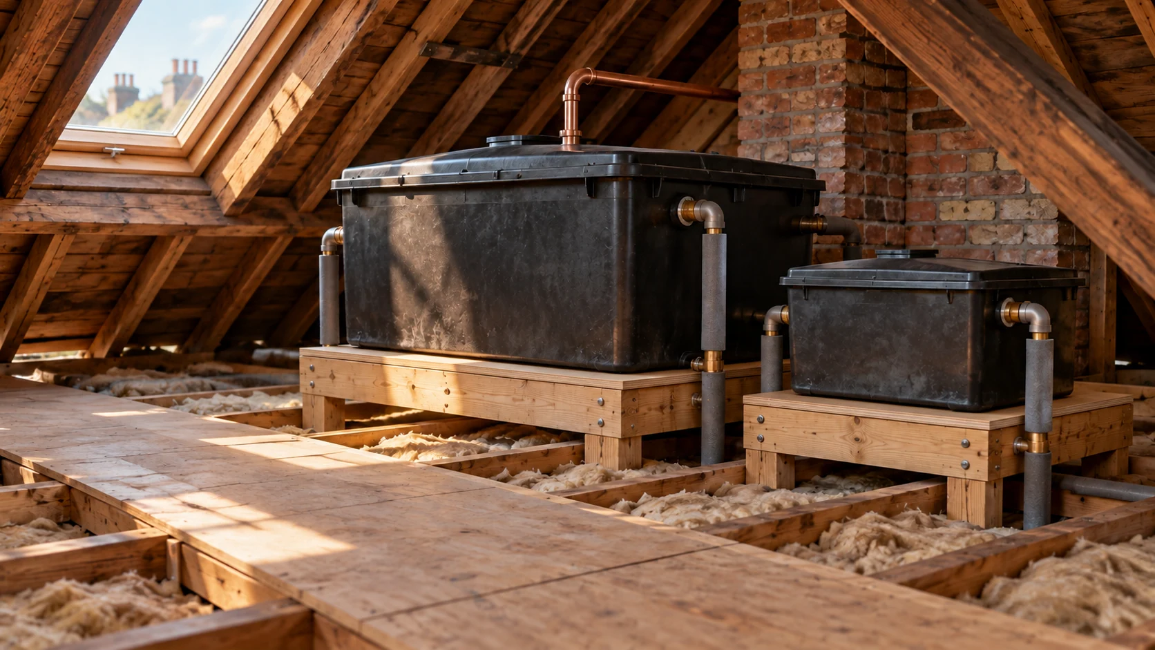 A large cold-water storage cistern and a smaller heating feed-and-expansion cistern in a timber loft.