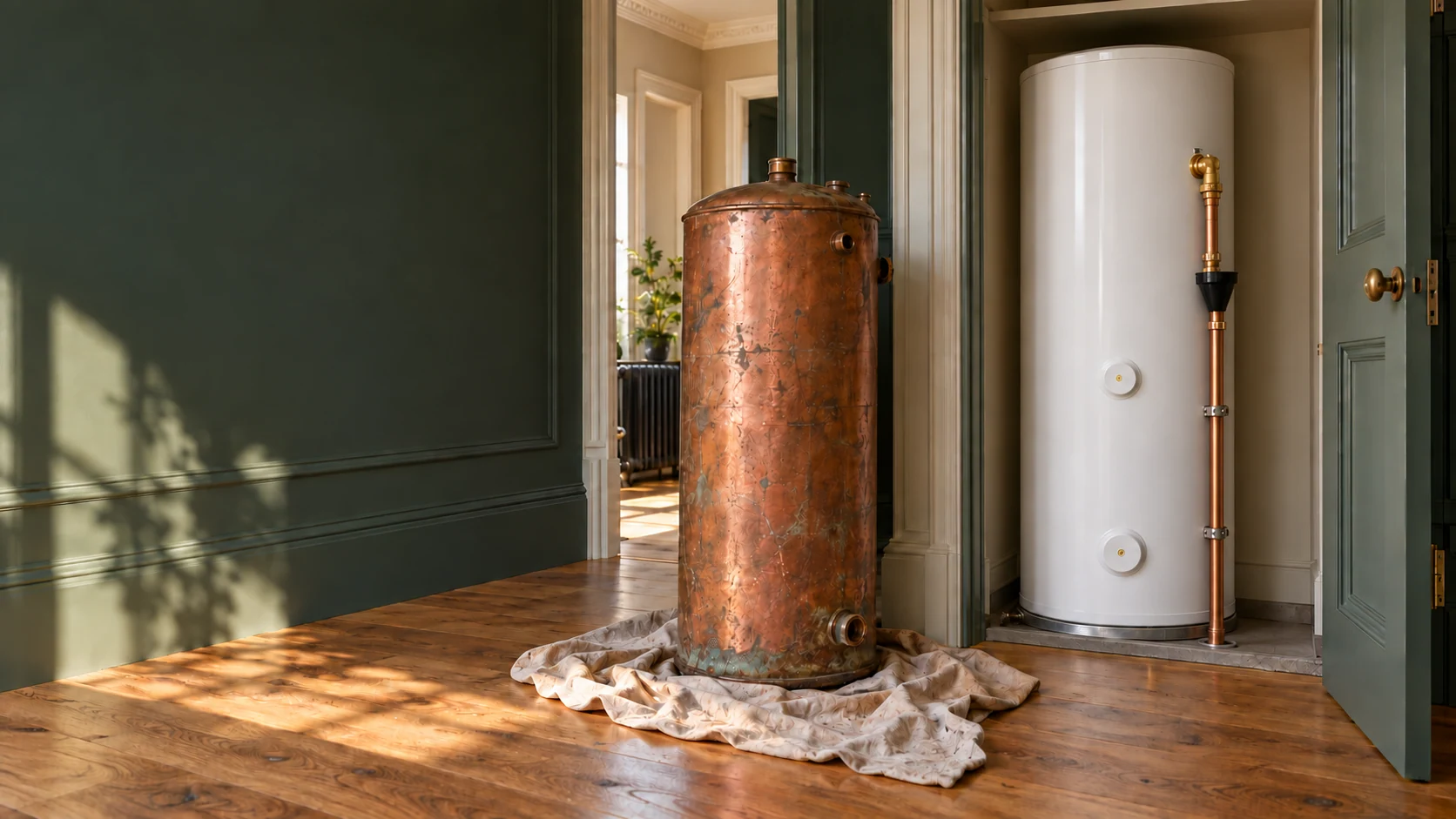 A removed copper hot-water cylinder beside a white unvented cylinder in a green-panelled London home.