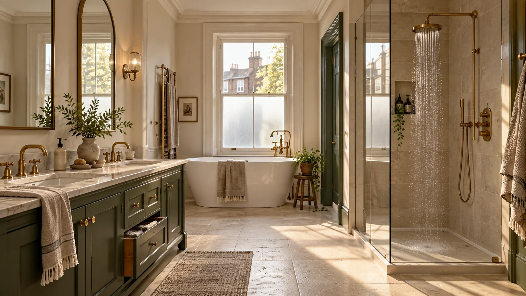 London bathroom with a bath and walk-in shower illustrating hot-water demand