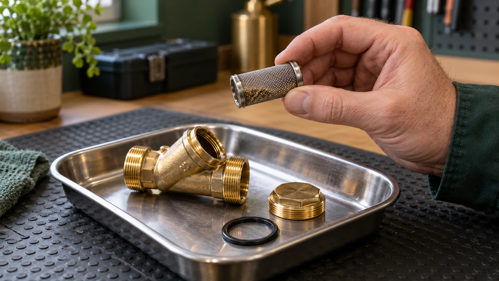 Close-up of a removed mesh strainer and brass inlet control component during inspection