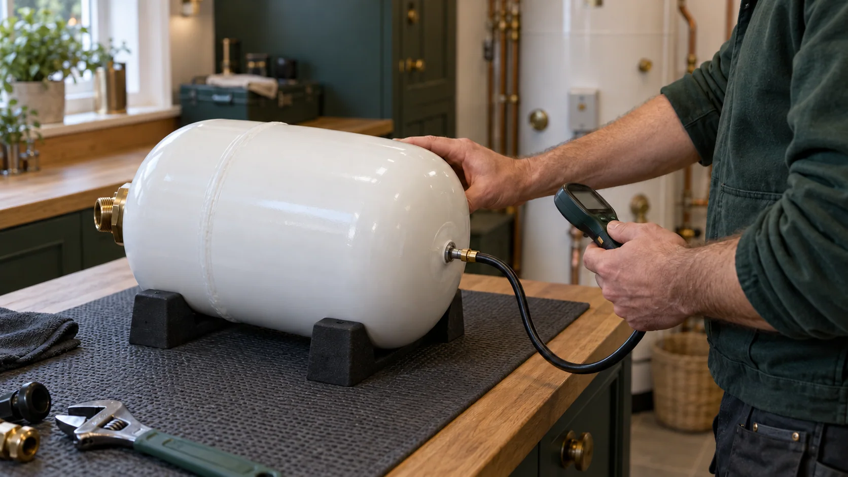 Engineer inspecting a white expansion vessel and its air valve on a protected service bench