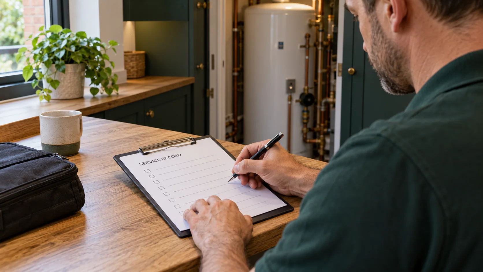 Engineer completing a service record with a hot water cylinder visible in the background