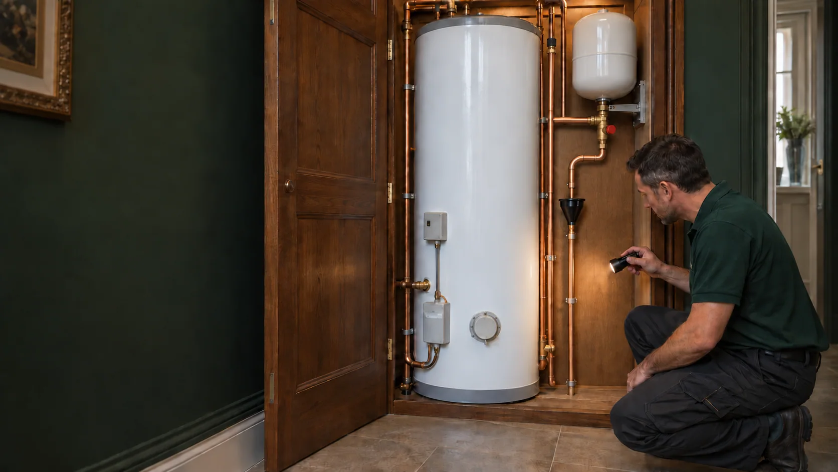 Engineer inspecting an unvented hot water cylinder and its pipework in an open utility cupboard