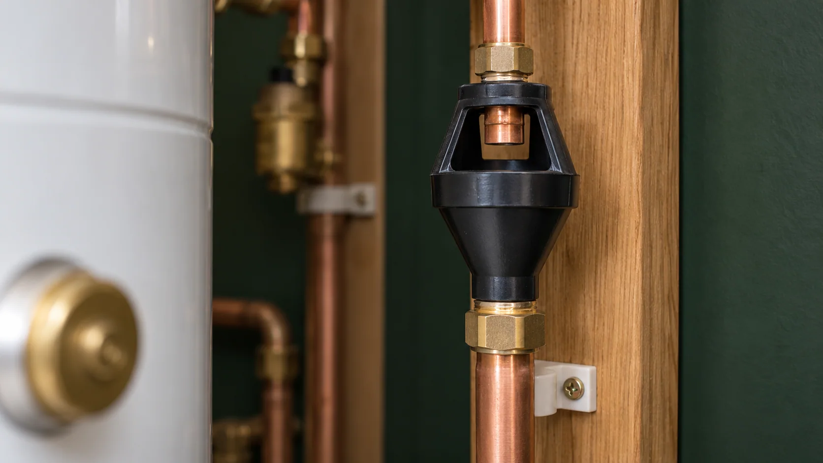 Close-up of a tundish and copper safety discharge pipe beside a hot water cylinder