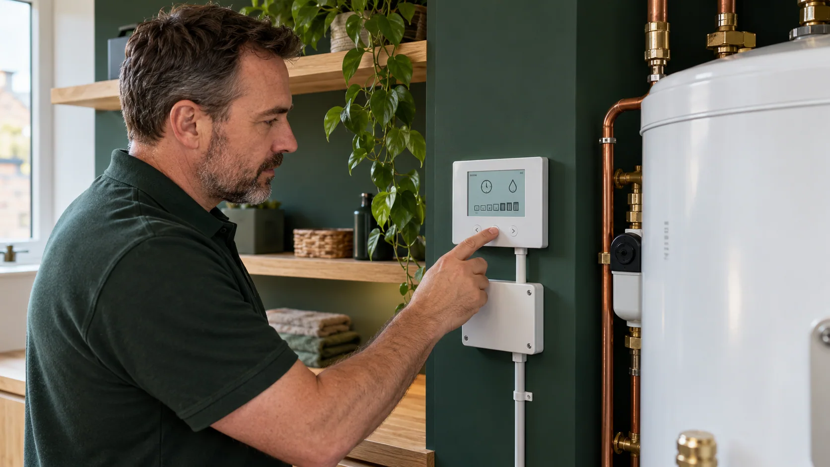 Engineer reviewing hot water controls beside a closed cylinder control enclosure