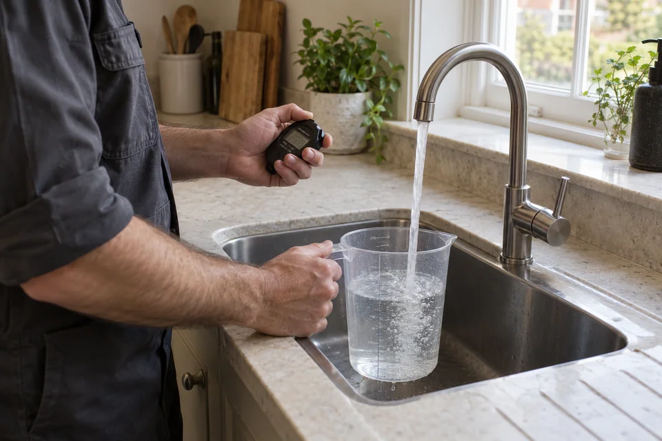 Installer timing water flow into a measuring jug beneath a kitchen mixer tap