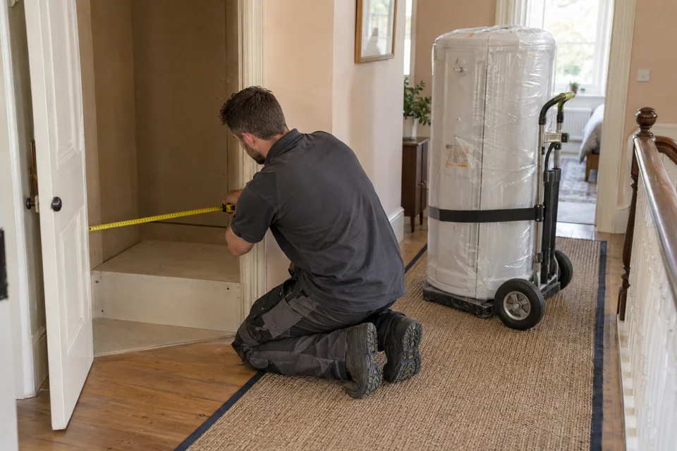 Installer measuring the width of an empty service cupboard beside a packaged hot-water cylinder