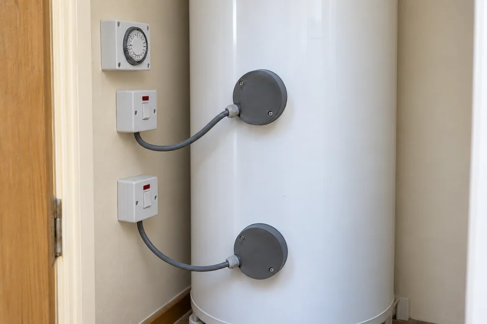 Two closed immersion-heater covers on a direct-electric hot-water cylinder with connected control cables