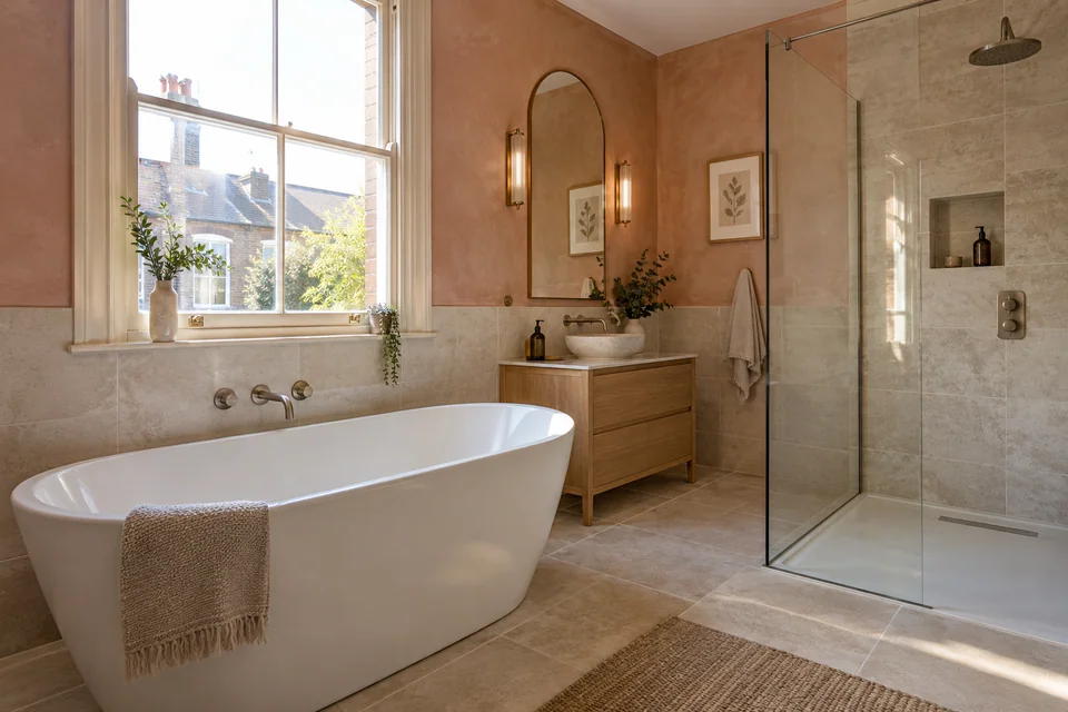 Warm period-house bathroom with a freestanding bath and separate walk-in shower