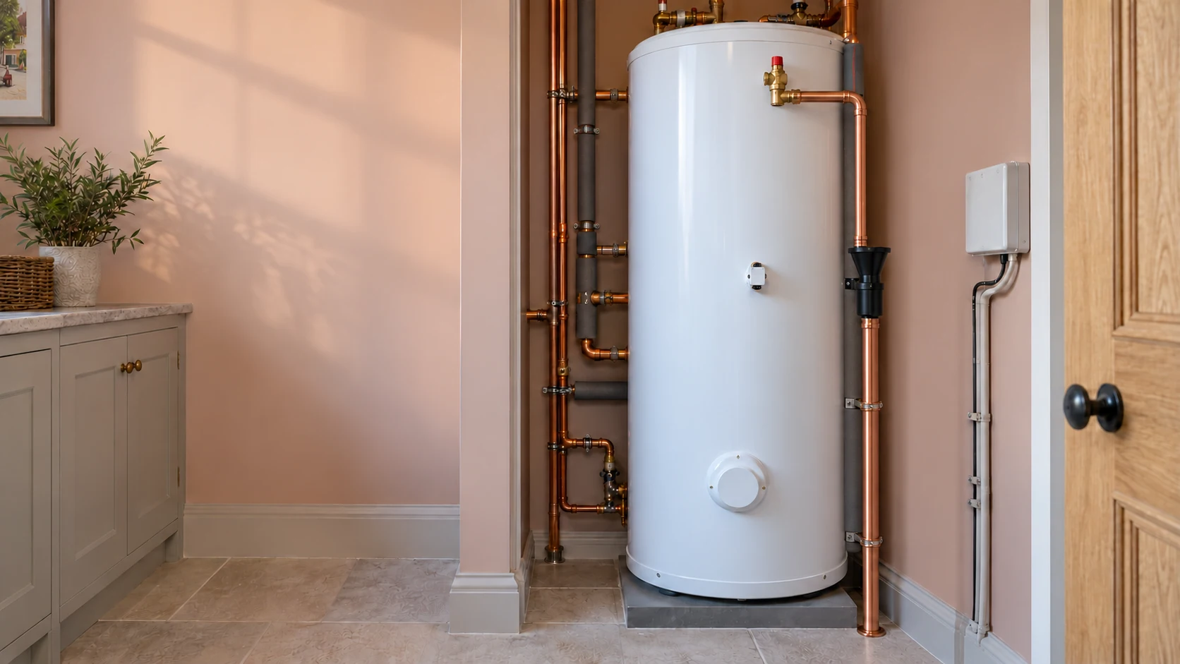 White hot-water cylinder with copper pipework in a warm, period-style utility room.
