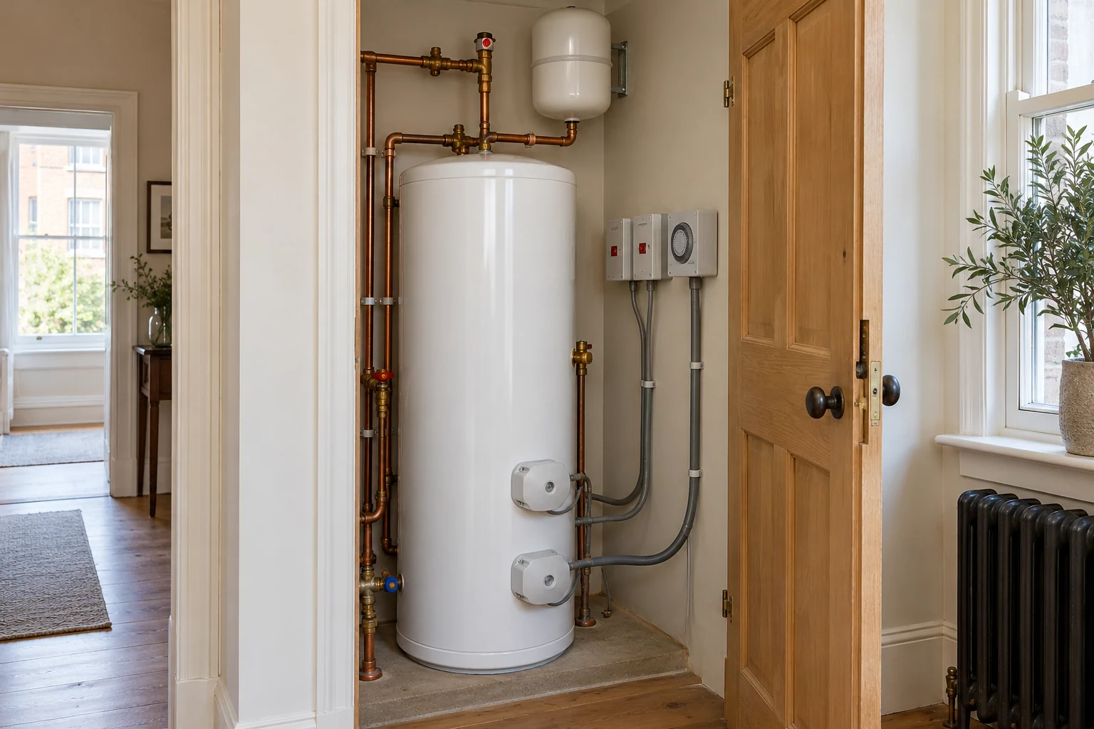 Direct electric unvented cylinder with enclosed immersion connections and wired controls in a Chelsea apartment