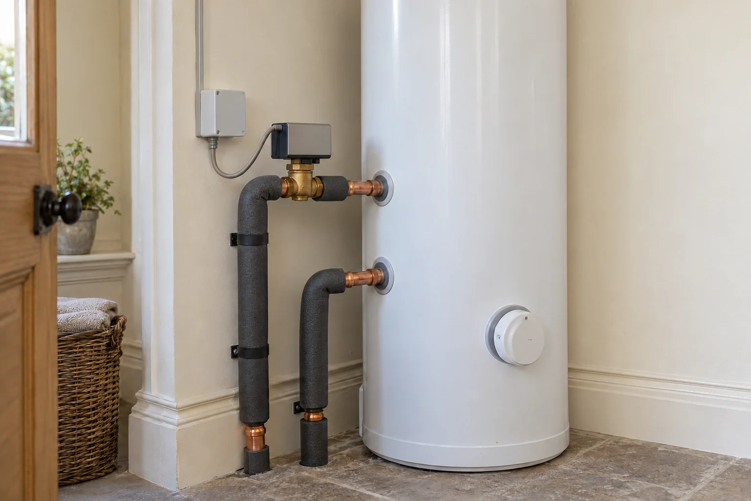 Indirect unvented hot-water cylinder with insulated primary pipework and a connected motorised valve