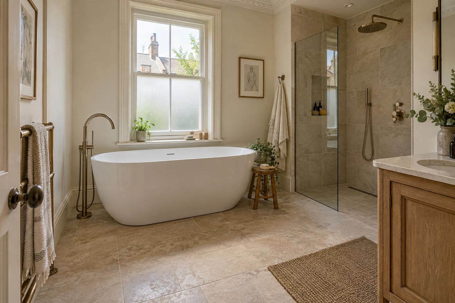 Bath and separate shower in a renovated Victorian Chelsea bathroom