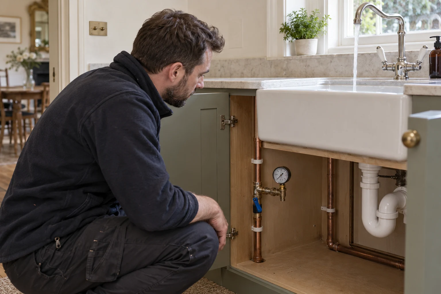 Engineer assessing the incoming cold-water supply beneath a kitchen sink