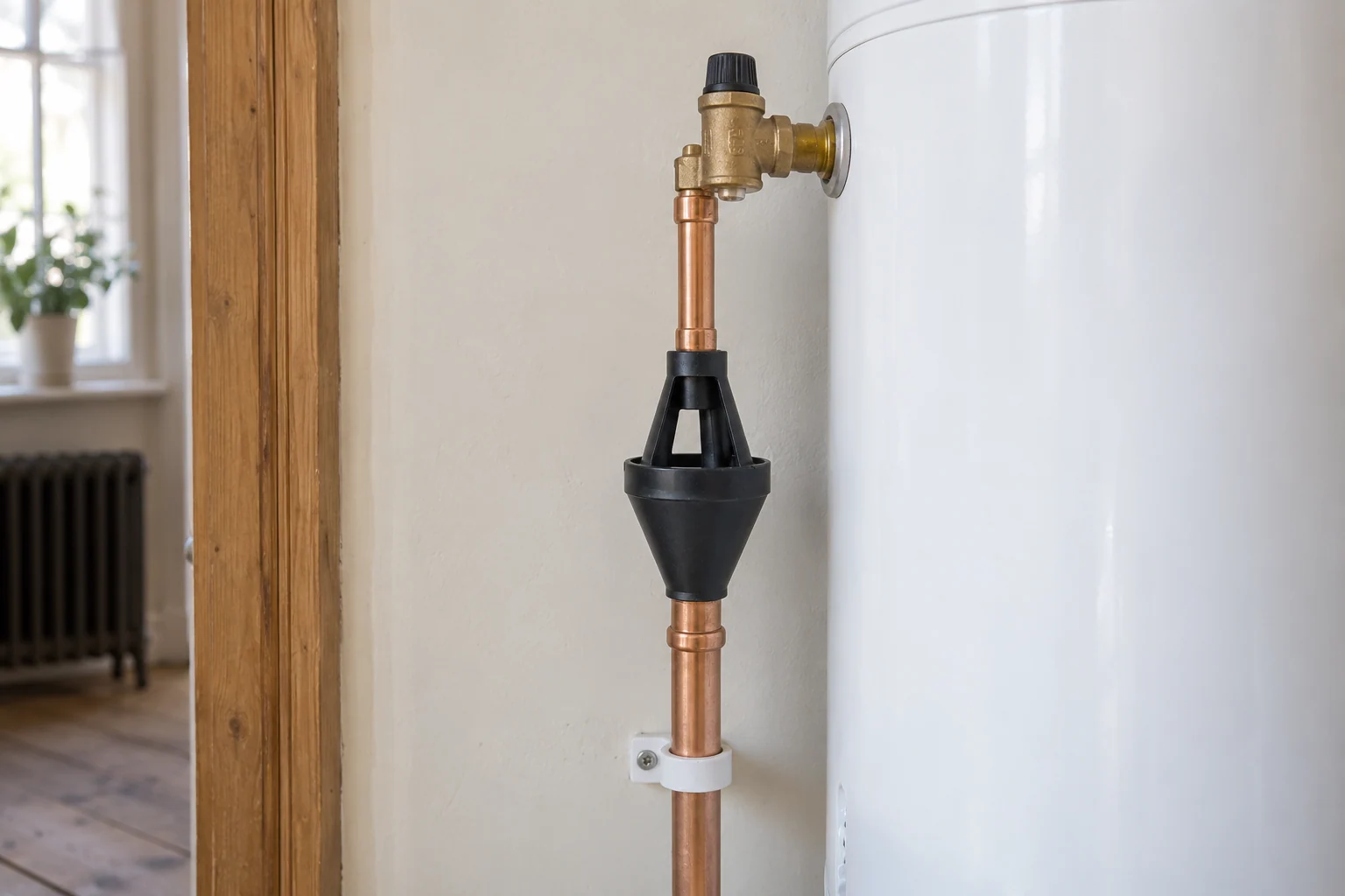 Close-up of a connected tundish and supported discharge pipe beside an unvented hot-water cylinder