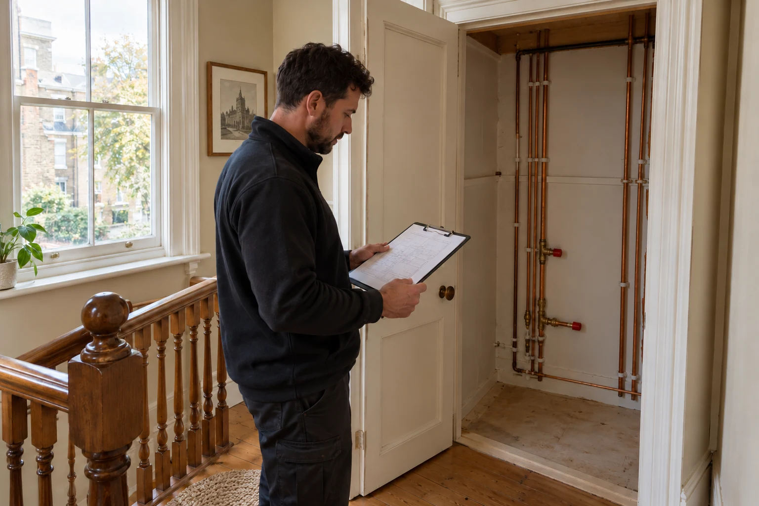 Heating engineer planning cylinder access and service clearances in a Victorian Chelsea home