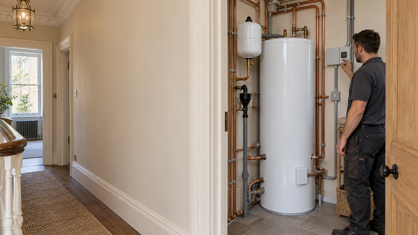 Heating engineer reviewing an unvented hot-water cylinder installation in a Victorian Chelsea home