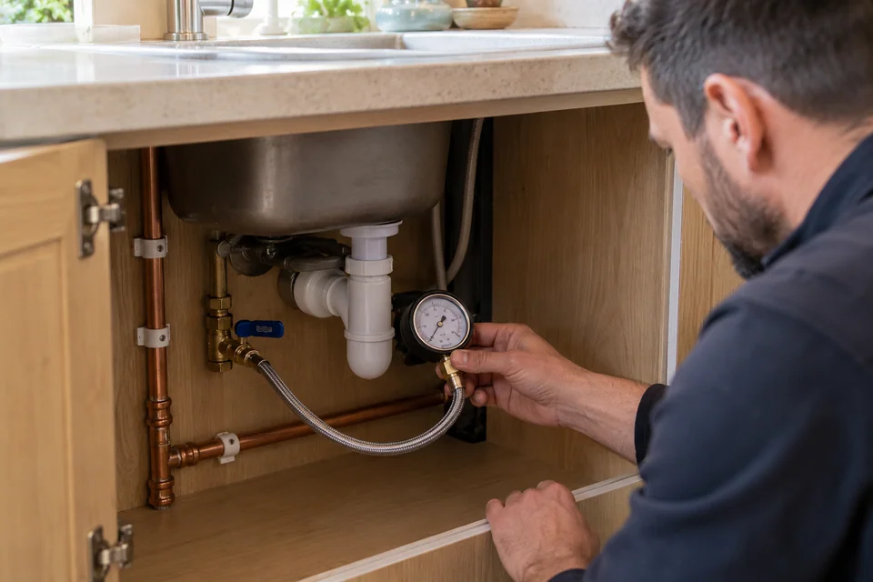 Heating engineer checking a pressure gauge connected to an accessible cold-water service beneath a utility sink