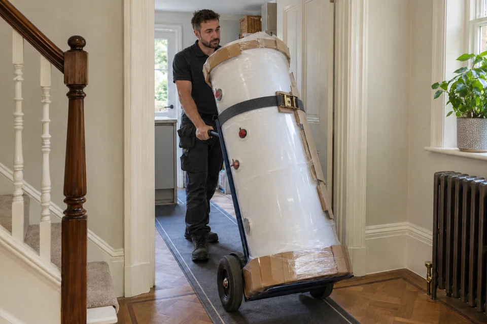 Installer moving a protected replacement hot-water cylinder through a clear doorway on a secured appliance trolley