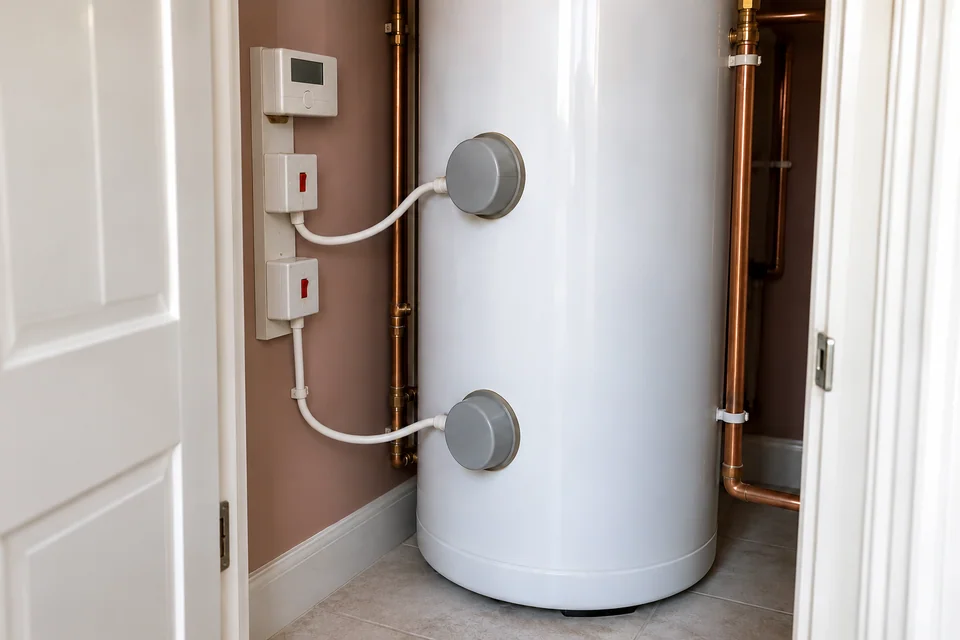 Direct electric hot-water cylinder with two closed immersion covers and neatly terminated wiring in an accessible cupboard