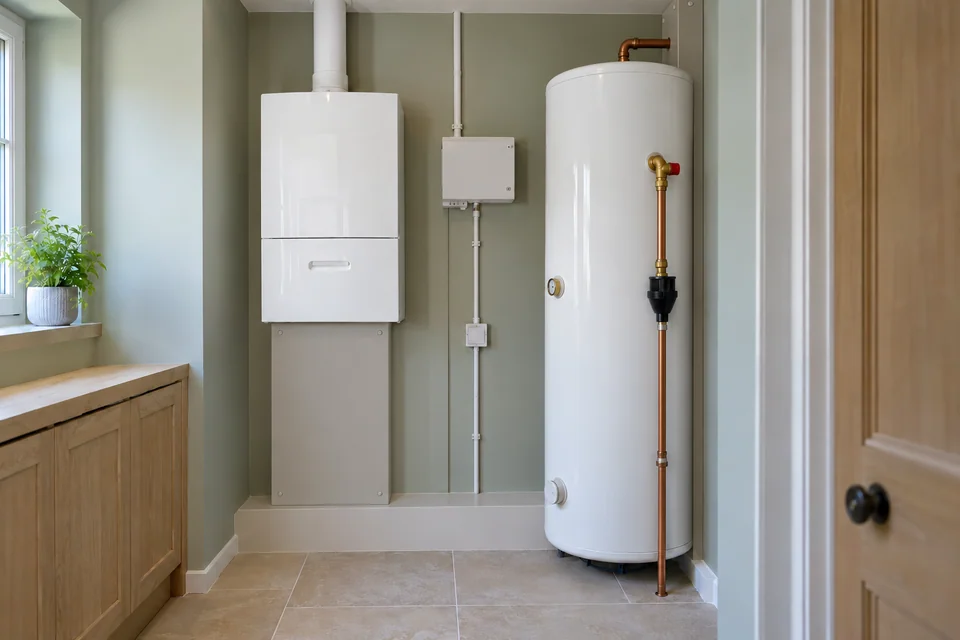 Boiler and indirect hot-water cylinder arranged with accessible controls and orderly pipework in a domestic utility room