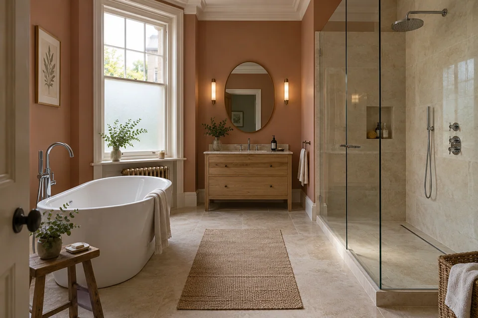 Period-style family bathroom with a freestanding bath and separate walk-in shower