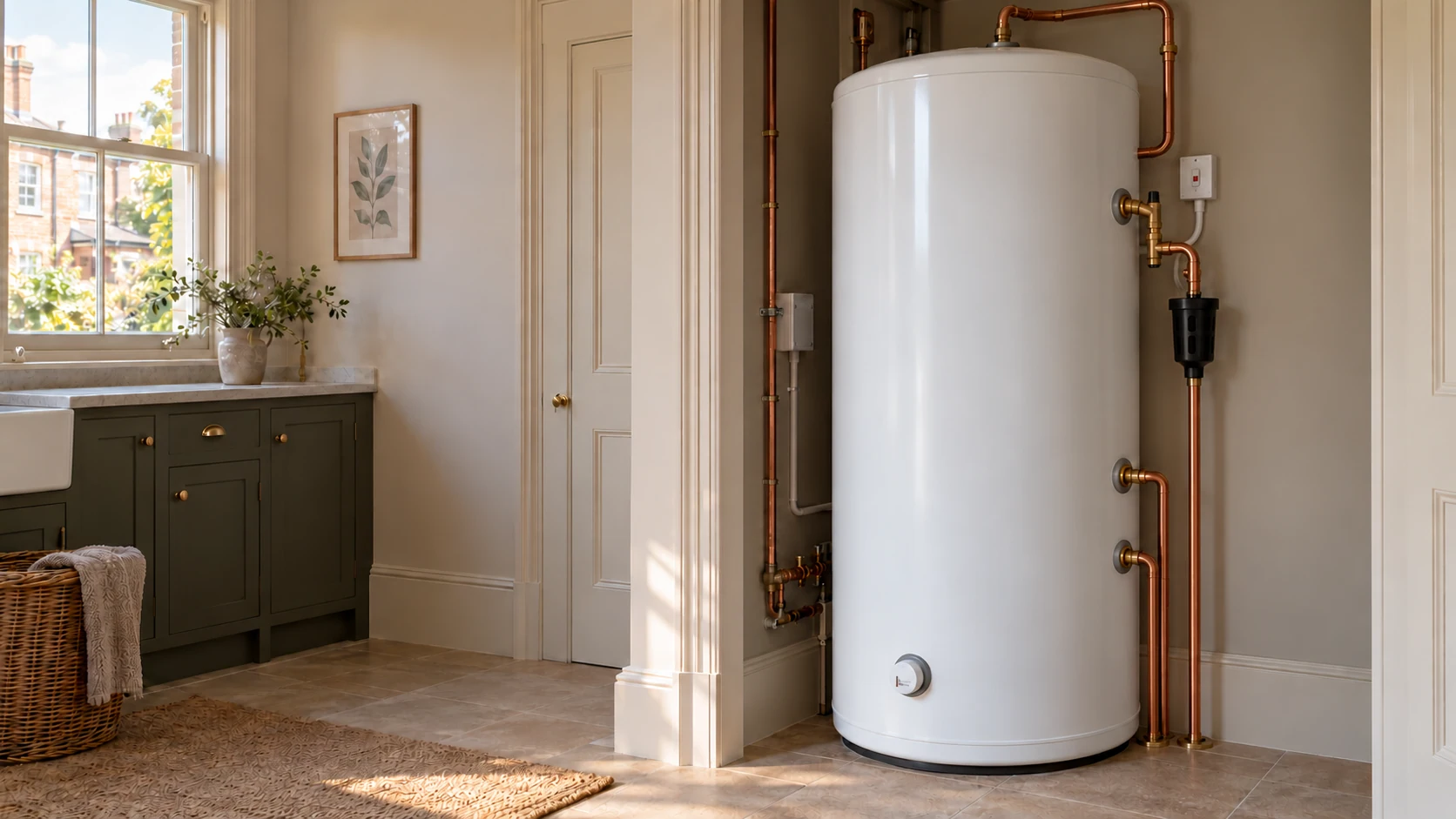 White hot-water cylinder with copper pipework in a warm, period-style utility room.