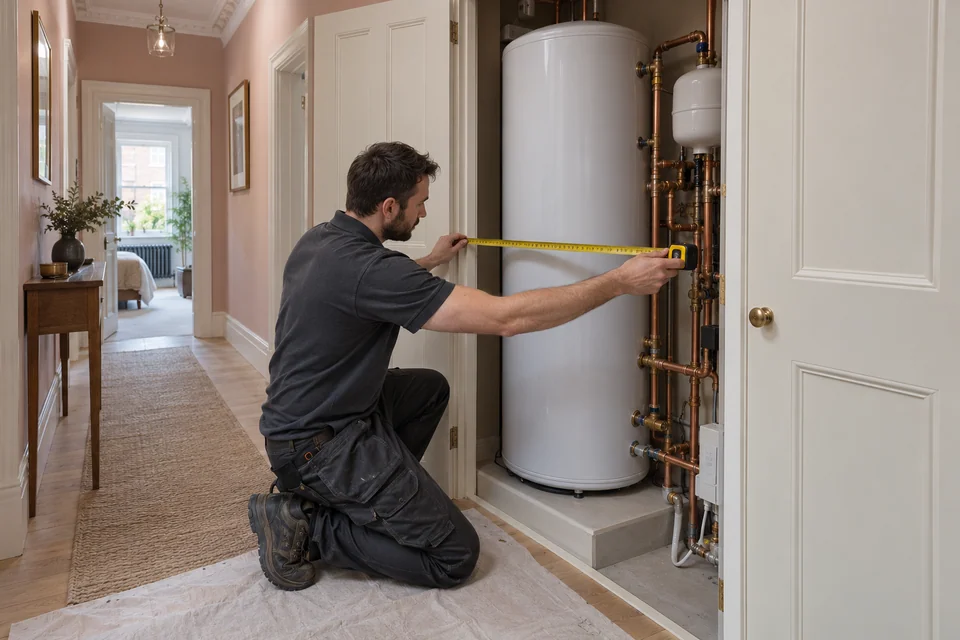 Installer measuring available cupboard space beside an unvented hot-water cylinder.