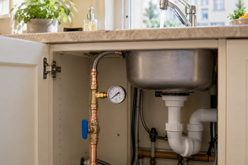 Pressure gauge temporarily connected to copper supply pipework beneath a kitchen sink.