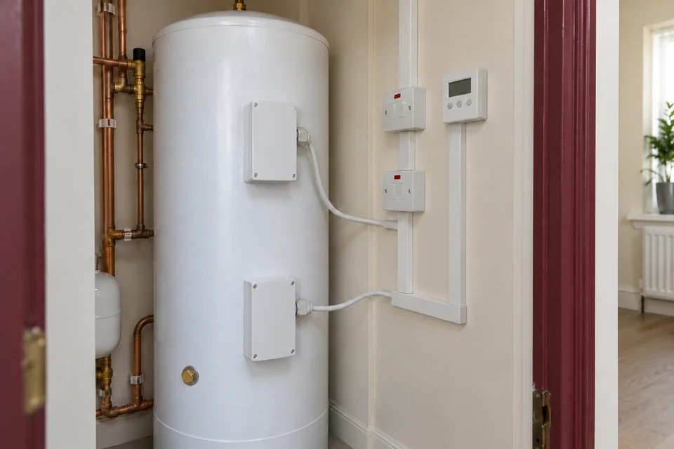 Direct electric hot-water cylinder with enclosed immersion-heater connections and wall-mounted controls.