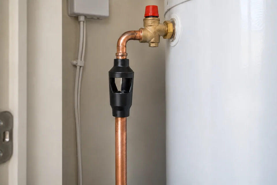 Unvented-cylinder safety valve connected by copper pipe to a visible tundish and descending discharge pipe.