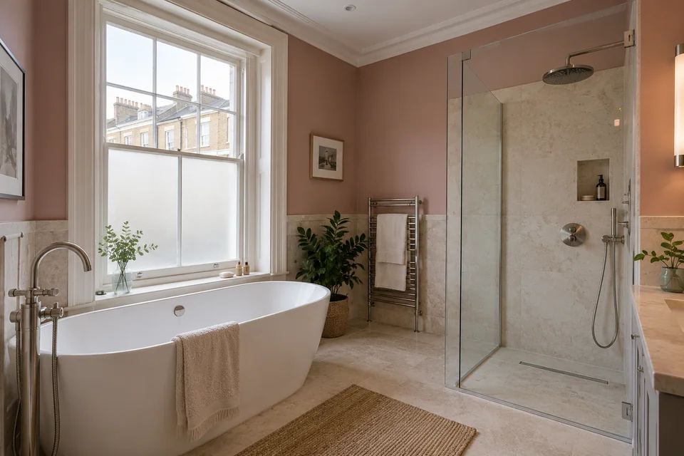 Period-home bathroom with a freestanding bath and separate shower, illustrating hot-water demand planning.