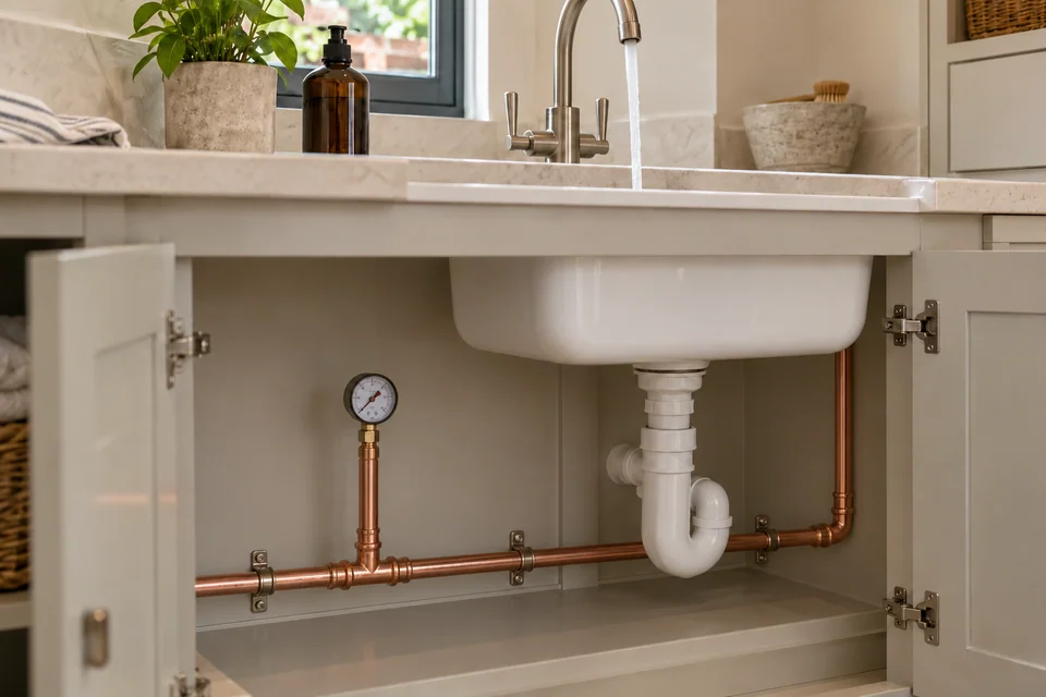 Pressure gauge connected to copper supply pipework beneath a running utility sink tap
