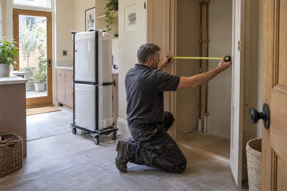 Installer measuring cupboard clearance beside a packaged hot-water cylinder on a trolley