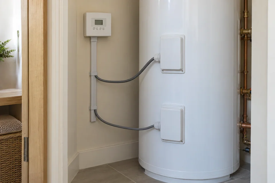 Direct electric hot-water cylinder with two immersion-heater covers and connected control wiring