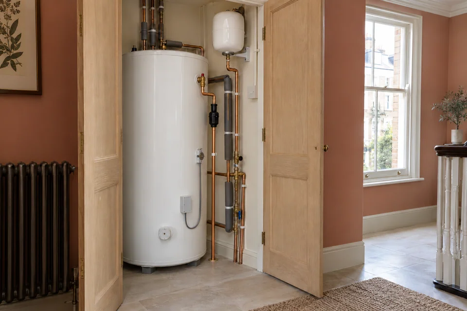 White hot-water cylinder in an open oak utility cupboard with accessible pipework and an expansion vessel.