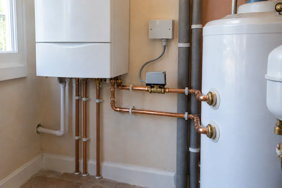Copper pipework and a motorised zone valve between a wall-mounted boiler and an indirect hot-water cylinder.