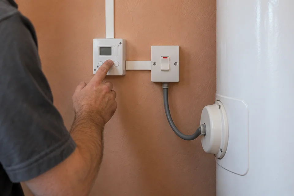 Electrician checking a hot-water timer beside an isolator and a cable connected to the cylinder immersion-heater cover.