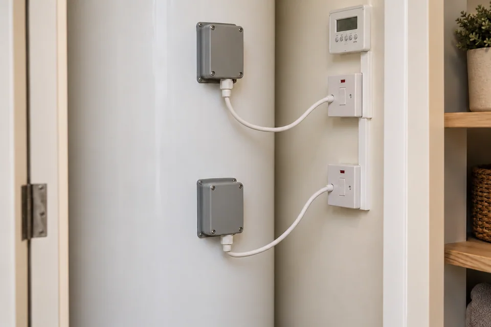 Direct electric hot water cylinder with fixed controls and enclosed immersion connections