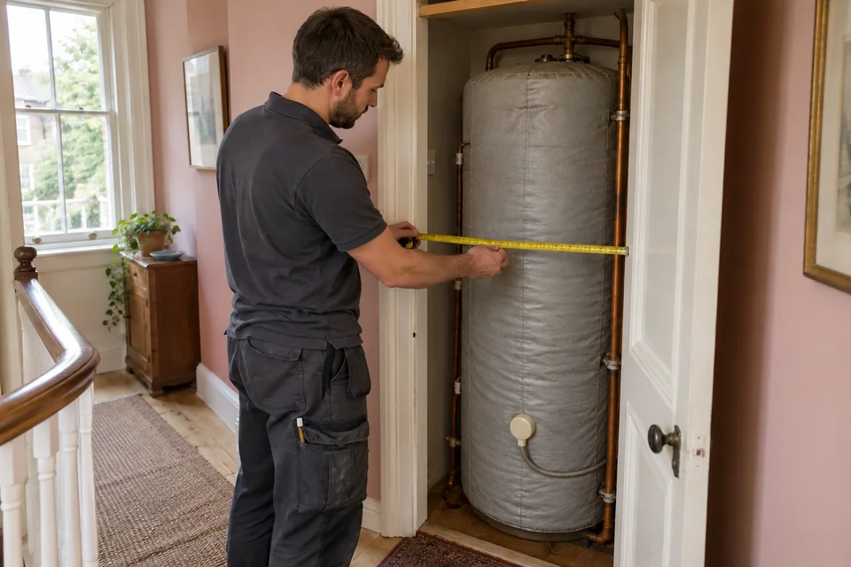 Installer measuring an airing cupboard around an existing vented hot water cylinder