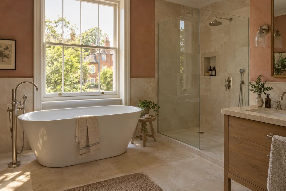 Period-style family bathroom with a bath and separate shower